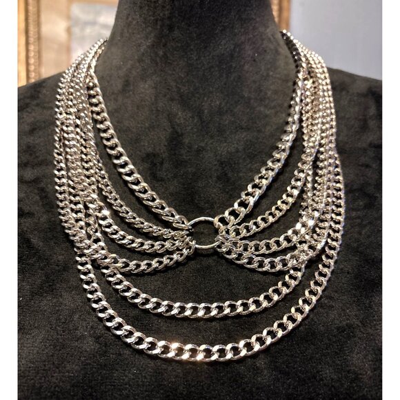 Layered Statement Back Necklace Silver Tone Chunky Curb Chain Pattern Princess - Picture 2 of 10